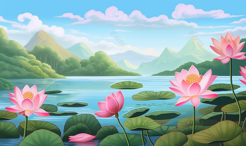 乡间绿色的盛夏池塘里的荷叶和盛开的荷花背景,插画/手绘图,插画/手绘图库,插画/手绘图下载,插画/手绘